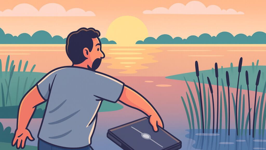 Uomo che lancia un Computer in un lago