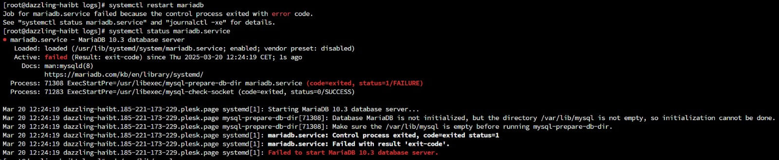 Plesk-MariaDB-Database-Vuoto