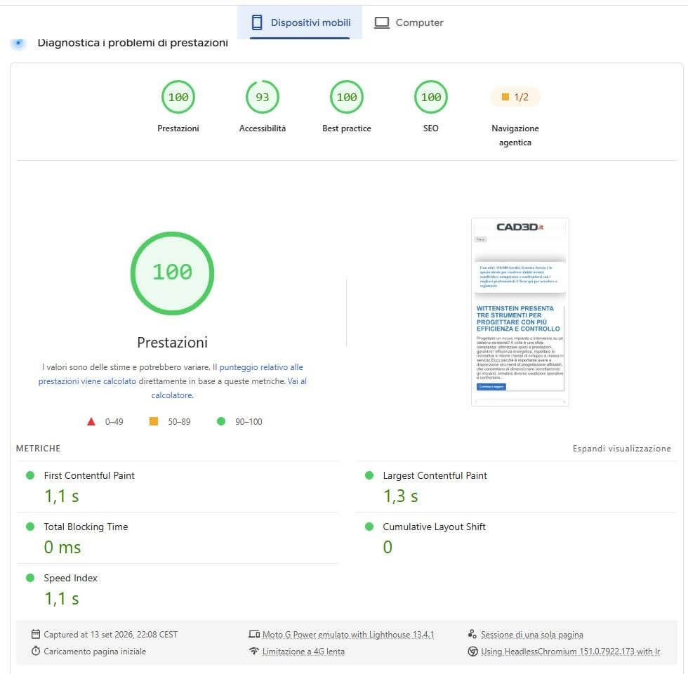 Test sito WordPress mobile Google PageSpeed Insight